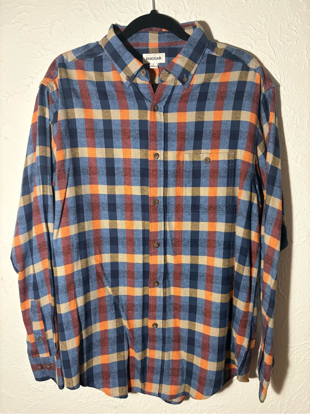 Haggar Men's Blue, Orange & Cream Plaid Button Down Flannel Shirt